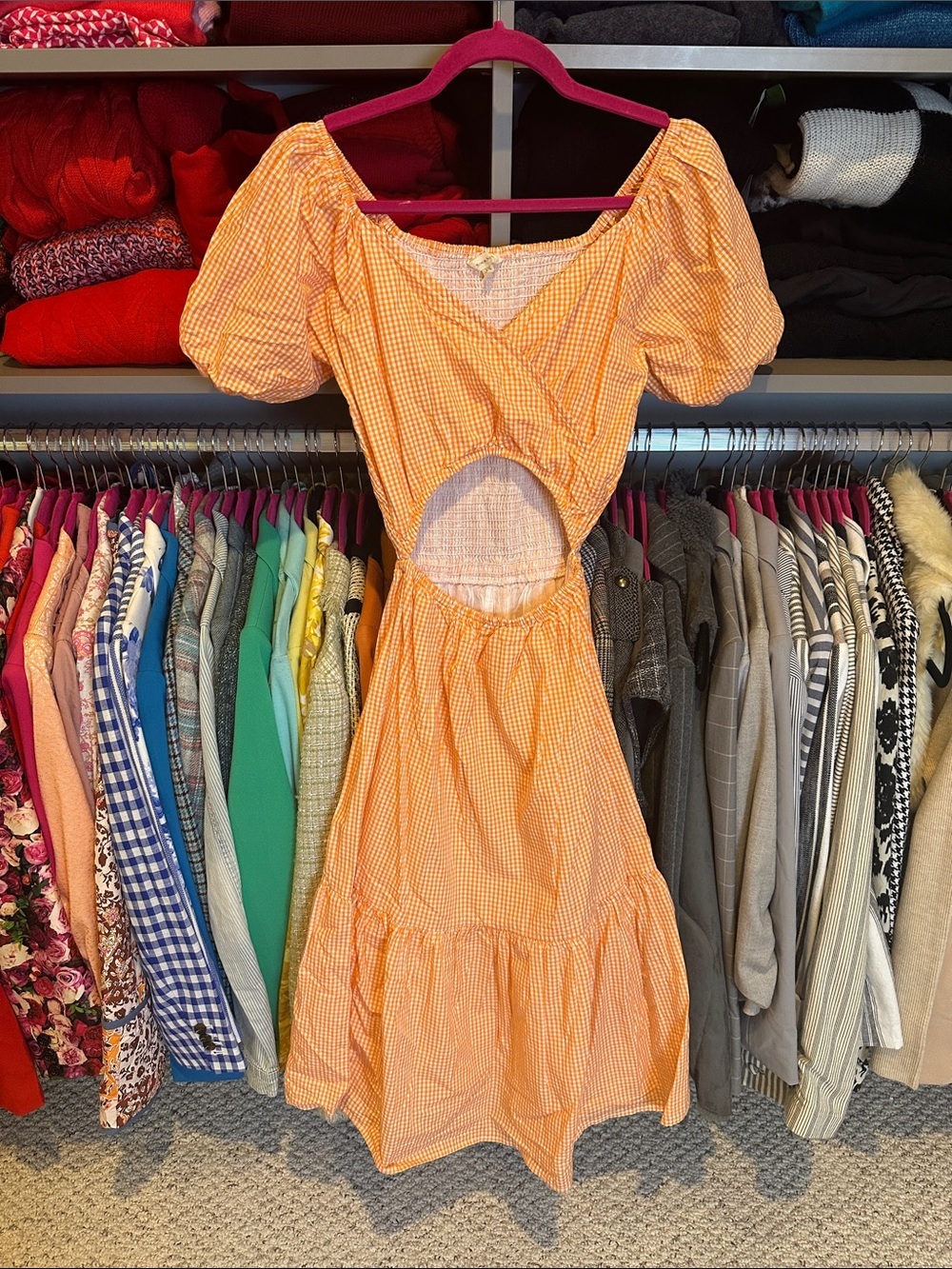 Sim & Sam orange/white gingham short puff sleeve lined cut out dress size XS